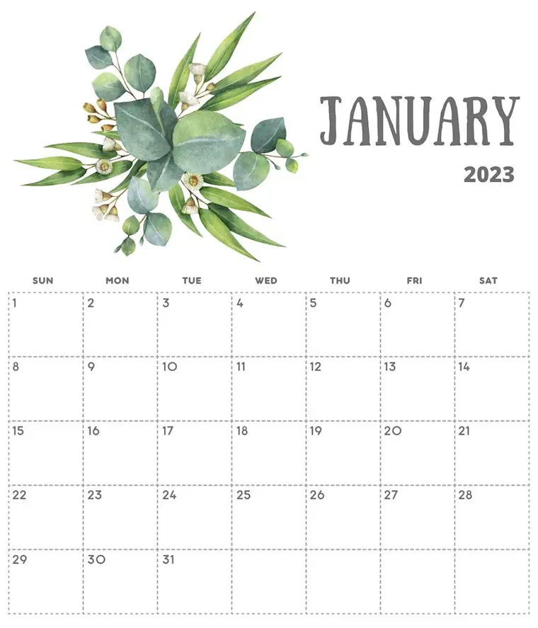 minimalist botanical january 2023 printable calendar