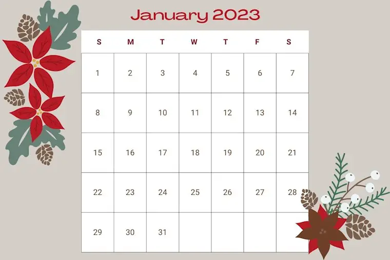 new year flower printable january 2023 calendar