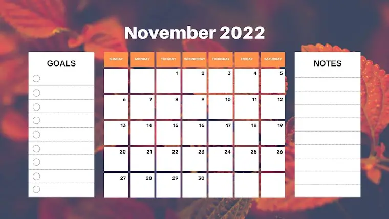 november 2022 monthly calendar with goals