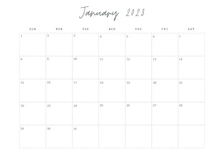 simple monthly calendar january 2023