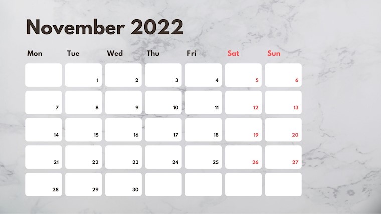 white marble november calendar