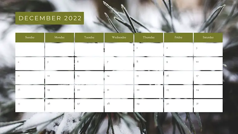 calendar december 2022 snow fir