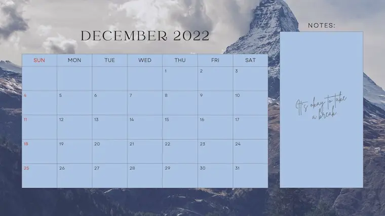 december calendar with mountains background