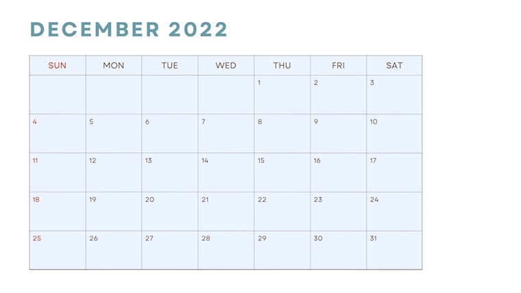 simple white and blue calendar dec 2022