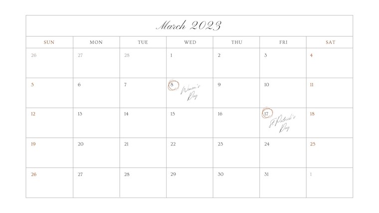 basic minimalistic march 2023 calendar