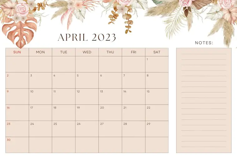 beige pink floral boho april 2023 calendar