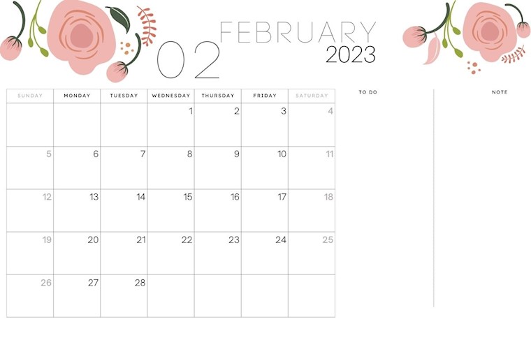 black and white february 2023 calendar planner