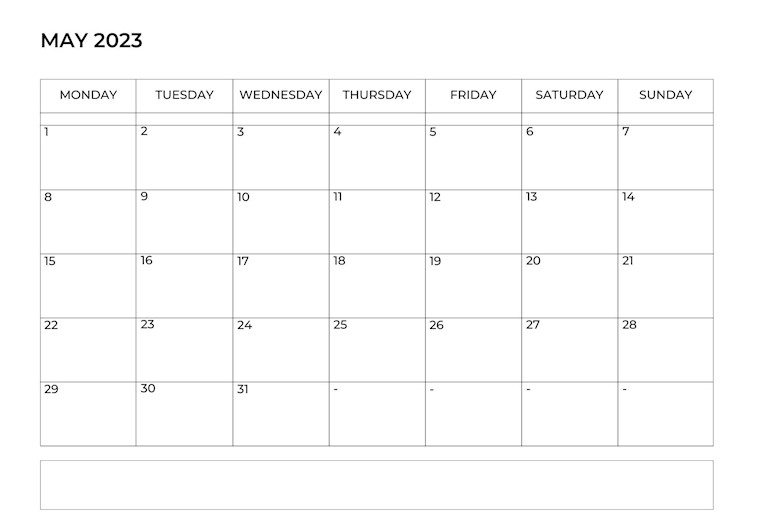 black minimalist may 2023 calendar