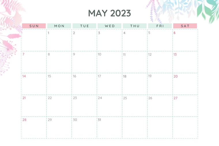 blue and pink minimalist may 2023 calendar