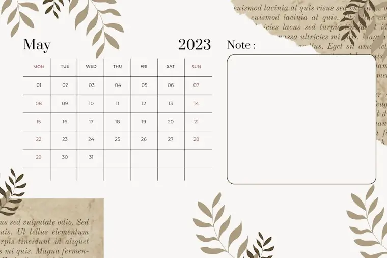 brown white paper may 2023 calendar