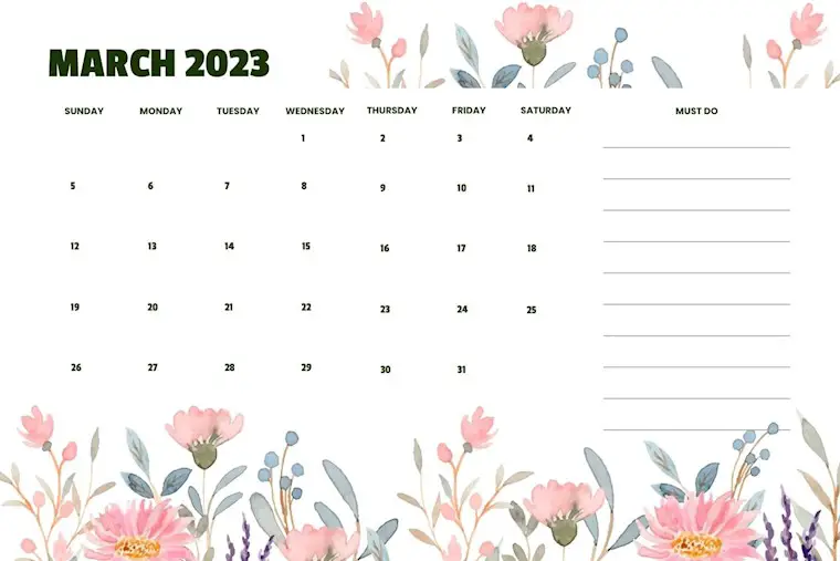clean and flower simple march 2023 calendar