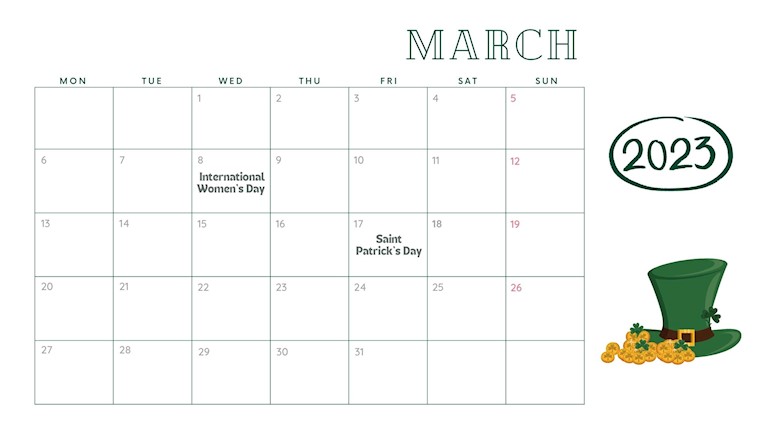 clean holidays march 2023 calendar