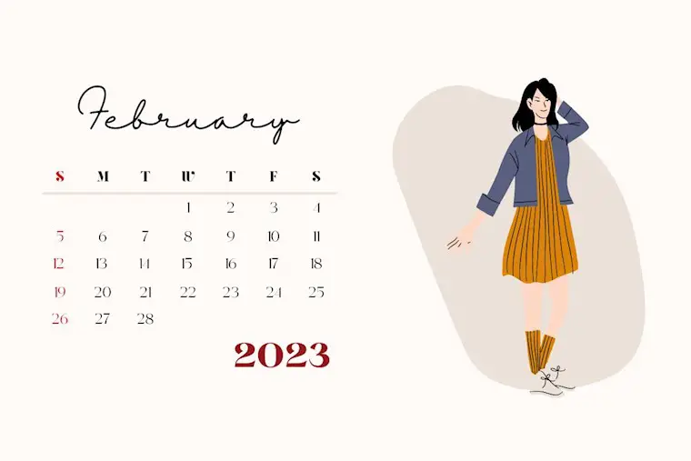 cream beige colorful minimalist february 2023 illustration woman calendar