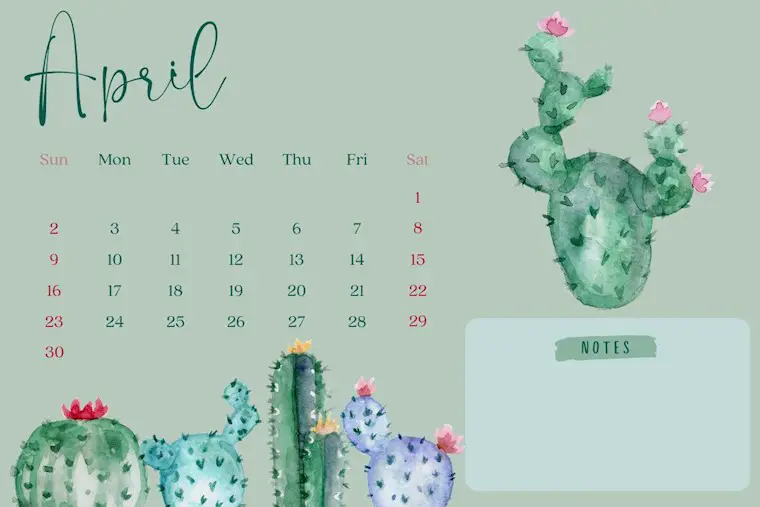 cute cactus april 2023 calendar