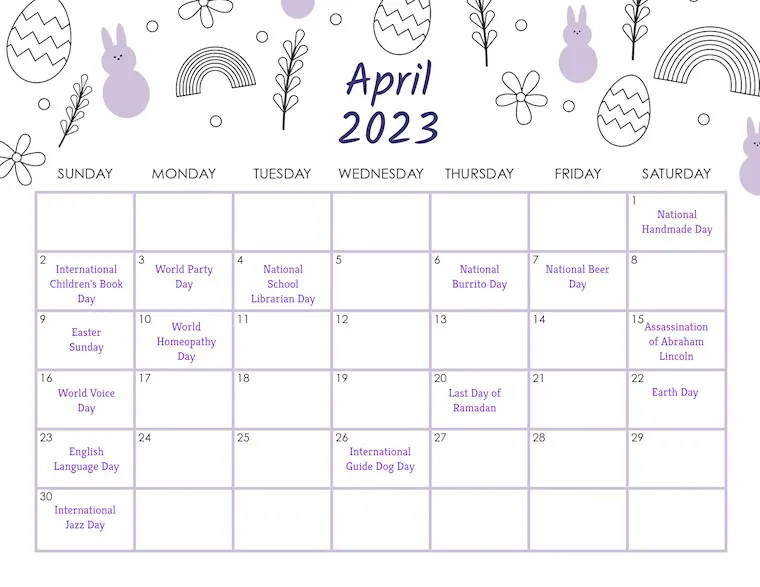 cute holidays april calendar 2023