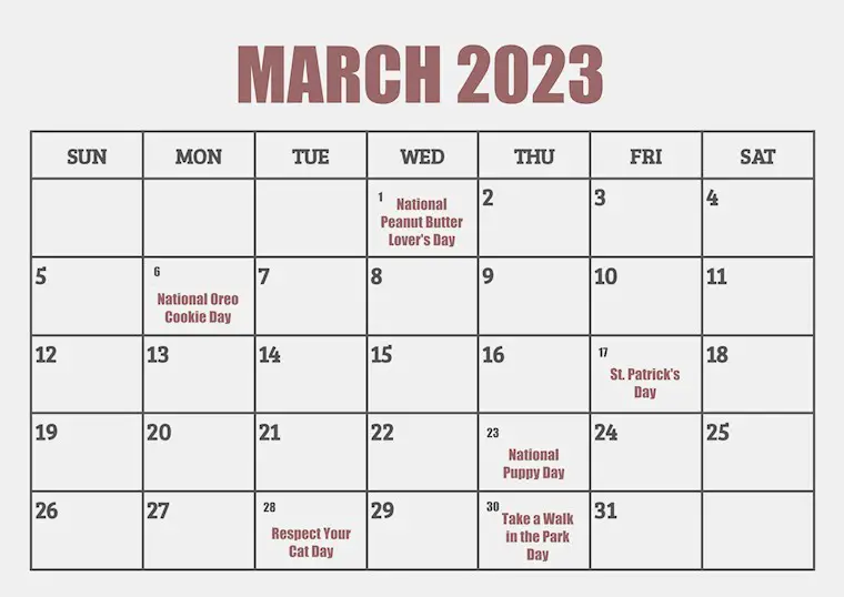 cute holidays march calendar 2023