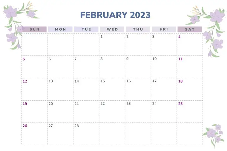 floral purple february 2023 sunday start calendar