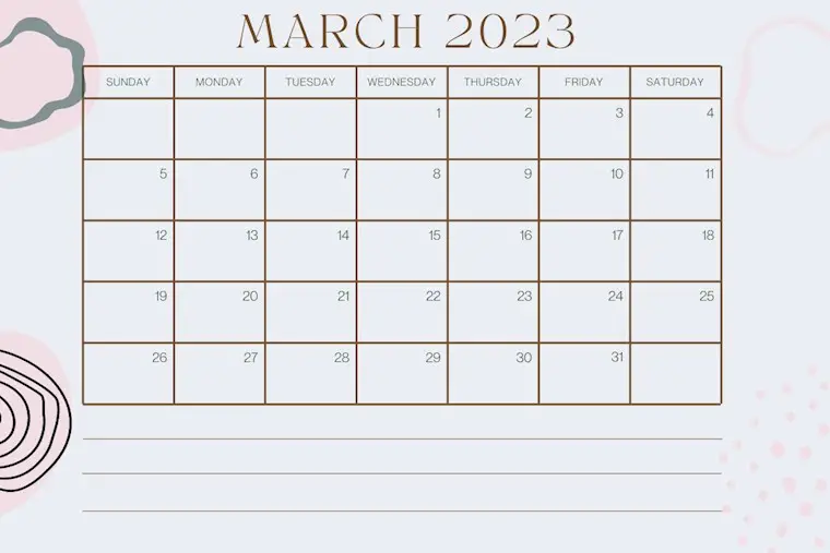 gray and pink march 2023 calendar