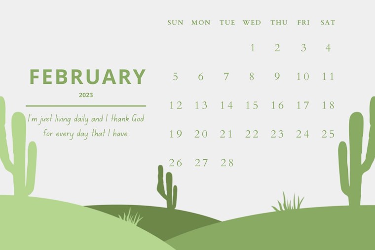 green minimalist calendar february 2023