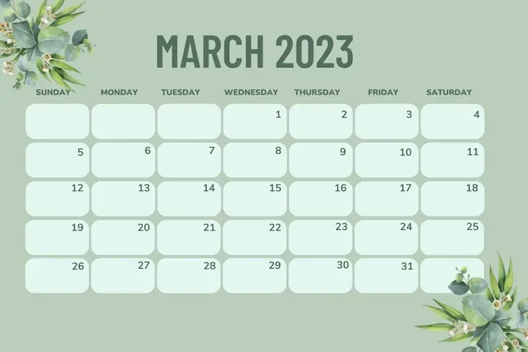 green organic march 2023 calendar