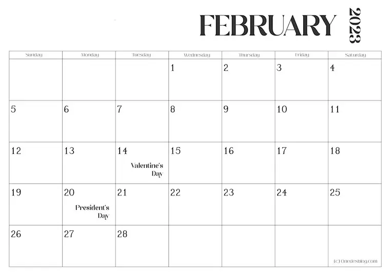 holidays usa elegant february calendar 2023