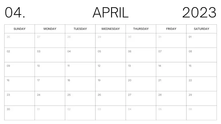 minimal clean april 2023 calendar