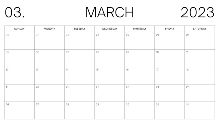minimal clean march 2023 calendar