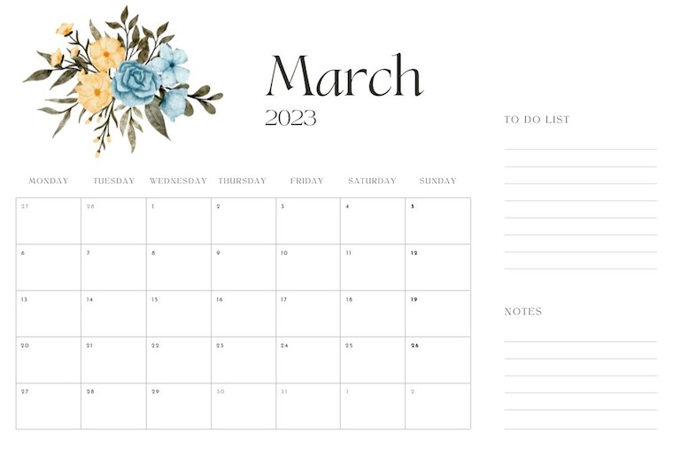 minimalist elegant march 2023 printable calendar