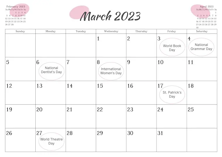 minimalist march calendar 2023