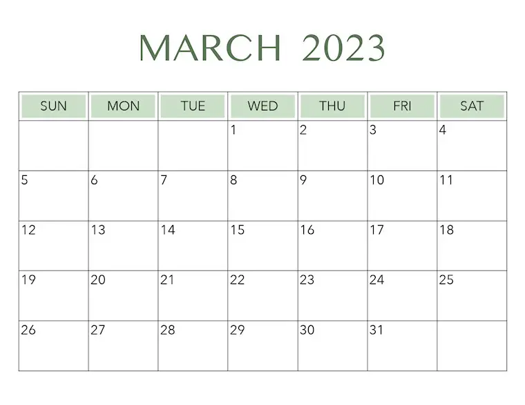 modern calendar march 2023
