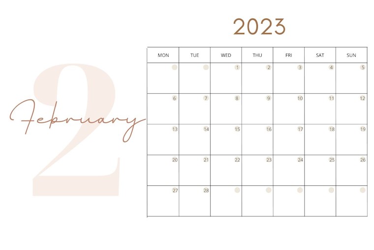 modern simple aesthetic calendar february 2023