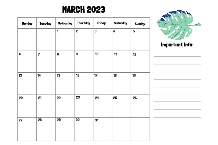 monstera leaf minimalist march 2023 calendar