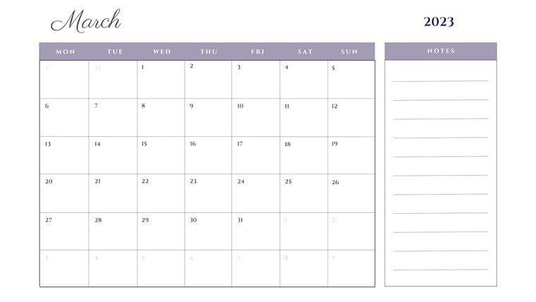 pastel simple march calendar 2023