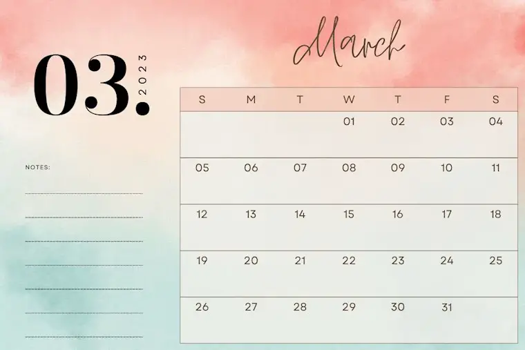 peach watercolor march 2023 calendar