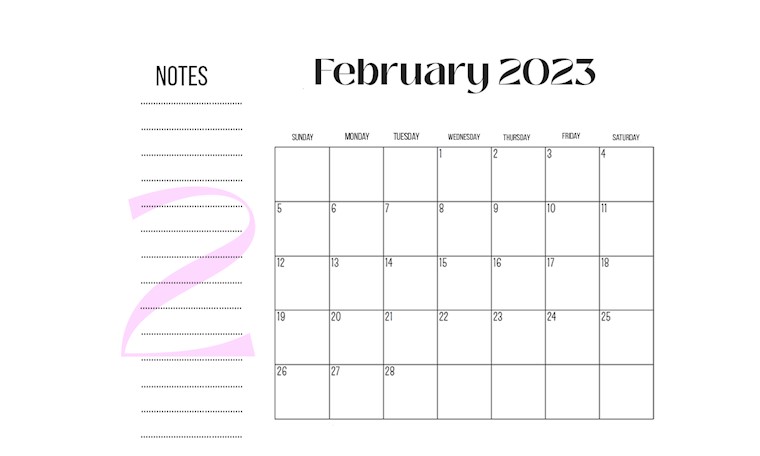 pink february calendar 2023