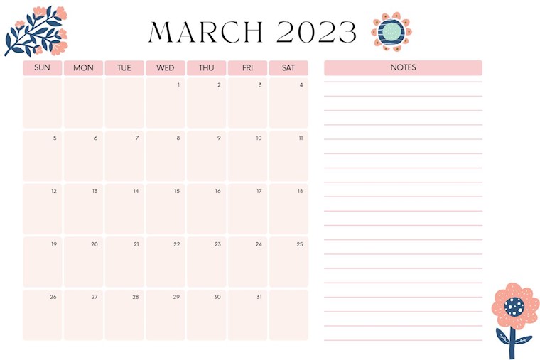 pink minimalist march 2023 wall calendar