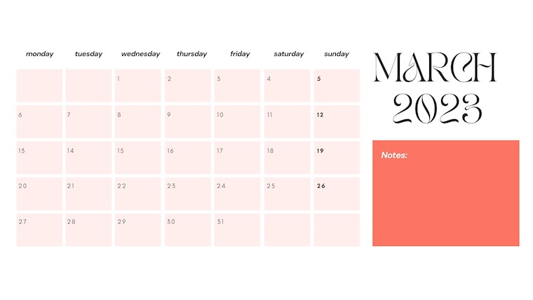 pink plain minimalist march 2023 calendar