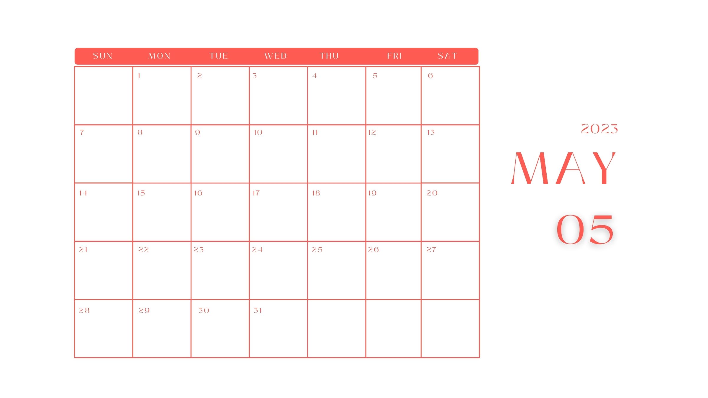 23 Printable Free May 2023 Calendars: Minimalist Design - Onedesblog