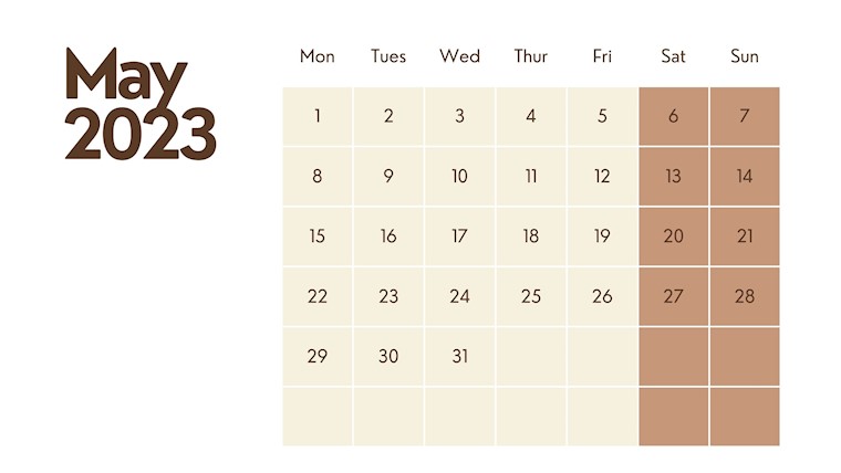 simple monthly may 2023 calendar