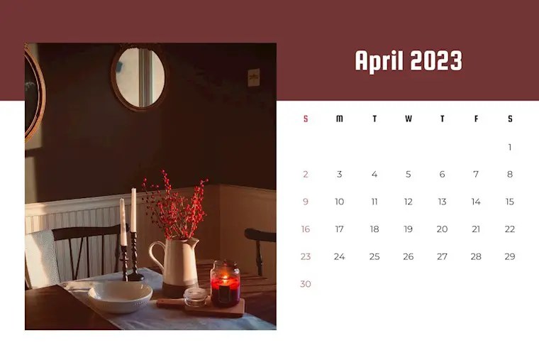 simple photogtaphic red april 2023 calendar