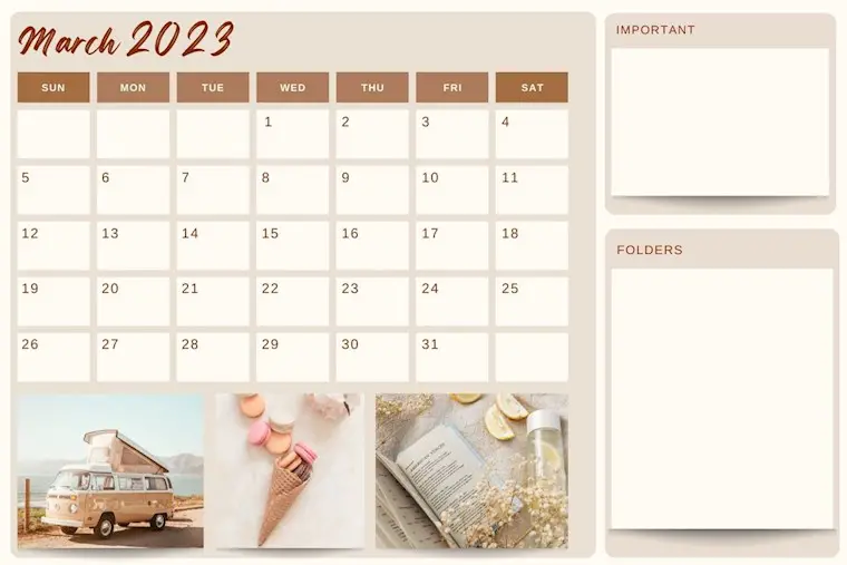 warm beige march 2023 calendar