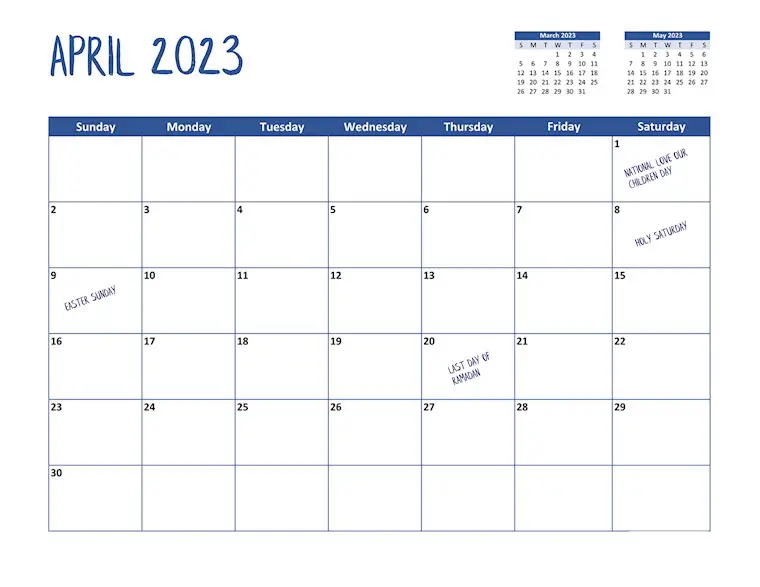 white and blue simple april 2023 monthly calendar