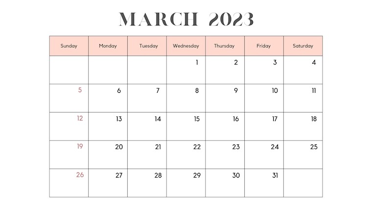 white and pink simple march 2023 monthly calendar