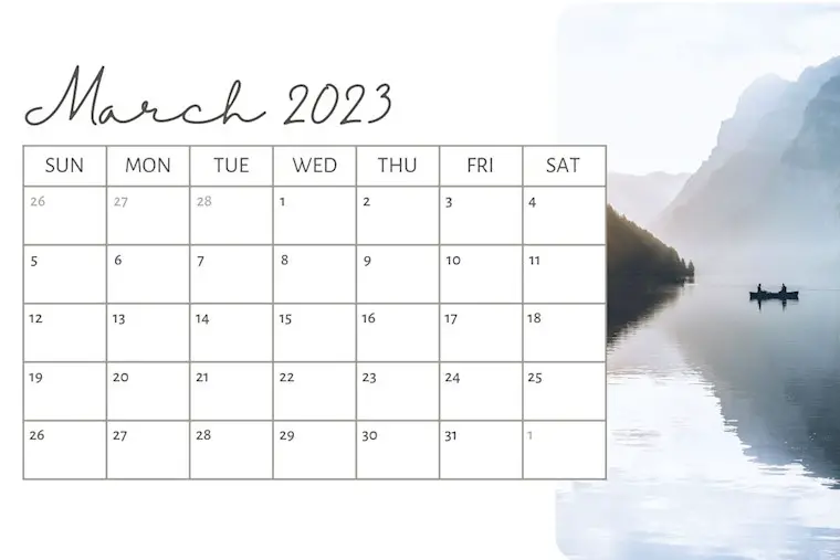 white elegant classic march 2023 calendar