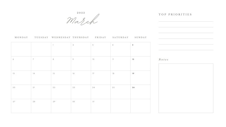 white minimalist elegant march 2023 calendar