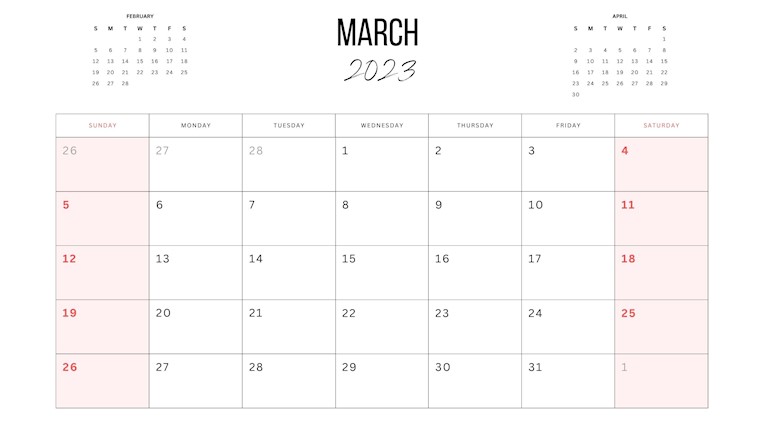 white simple march 2023 monthly calendar