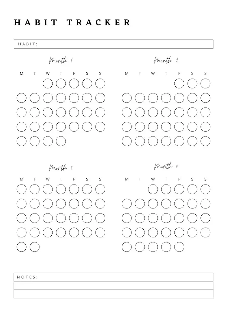 black and white a4 simple minimalist habit tracker for four months