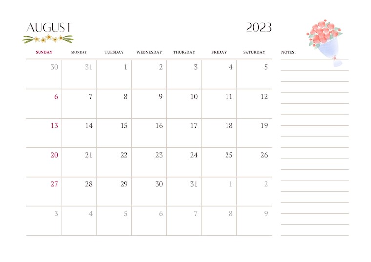 blank simple august 2023 calendar