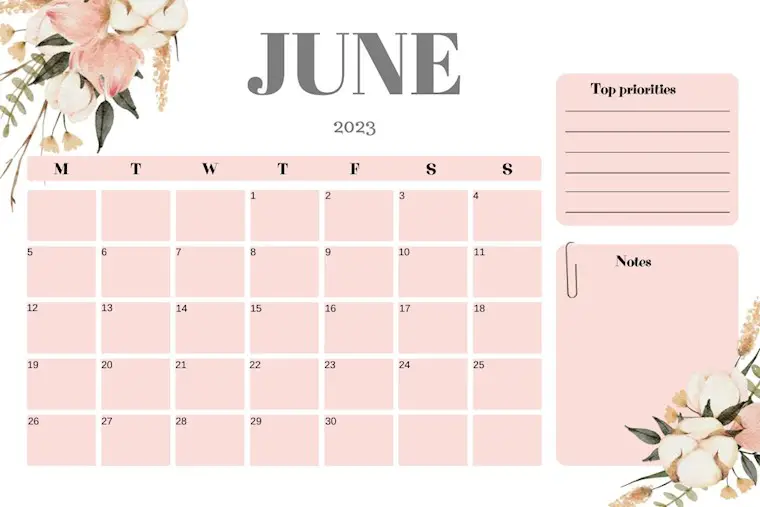 cute floral pink june 2023 calendar