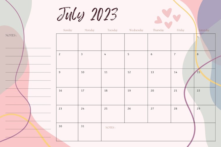 pastel colors сute july 2023 calendar